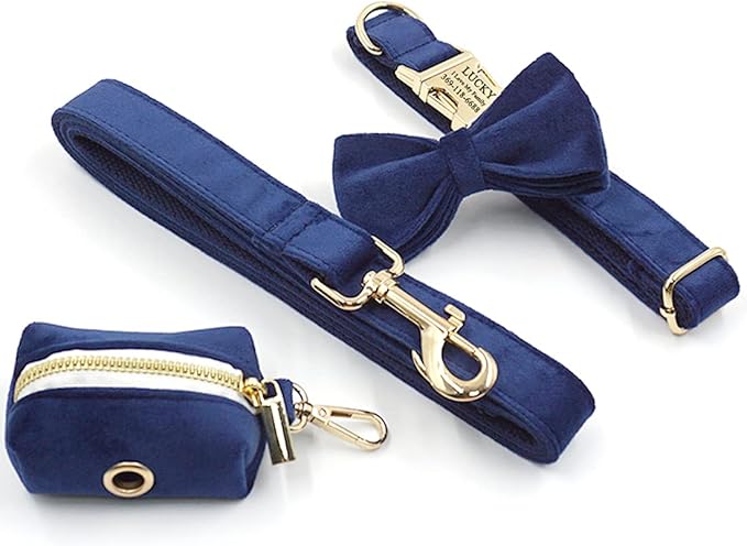 PETDURO Custom Dog Collar Personalized with Name Engraved Quick Release Rose Gold Metal Buckle for Large Medium Small Girl Dogs - Dog Leash and Bow Tie Available - Soft Comfy Velvet (Dark Blue, S)