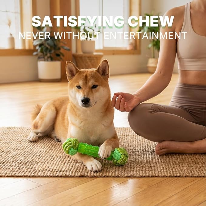 Dog Bone Chew Toy with Rope Ball - Tough Dog Toys with Textured Body for Teeth Cleaning, Dental Chew Toy for Small, Medium and Large Dogs, Green