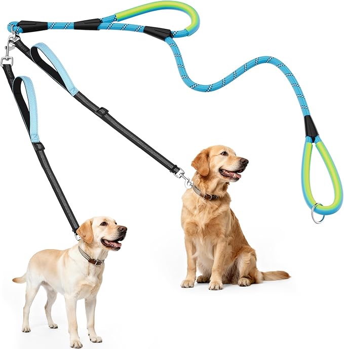 XiaZ Double Dog Leash for Two Dogs, No Tangle with 360° Swivel & 4 Comfortable Handles, Heavy Duty Dual Dog Leash with Highly Reflective Rope, Adjustable Split Leash for Small Medium Dogs, 3/8”Blue