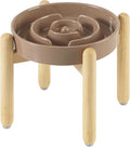 Ceramic 1.2 Cup Raised Slow Feeder Dog Bowl Set, Elevated Wooden Stand for Medium and Small Dog, 7.3inch Puzzle Slow Dish, Preventing Choking(Brown Coffee, Single Bowl+ Stand)
