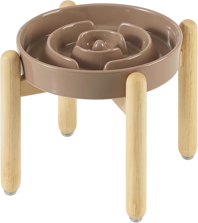 Ceramic 1.2 Cup Raised Slow Feeder Dog Bowl Set, Elevated Wooden Stand for Medium and Small Dog, 7.3inch Puzzle Slow Dish, Preventing Choking(Brown Coffee, Single Bowl+ Stand)