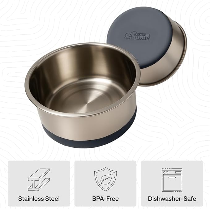 GORILLA GRIP Set of 2 Dog Bowls, Holds 6 Cups (48 fl oz), Heavy Duty Metal Food and Water Bowl for Feeding Dogs and Cats, Dishwasher Safe, Rust Resistant Stainless Steel, BPA Free Rubber Base, Gray
