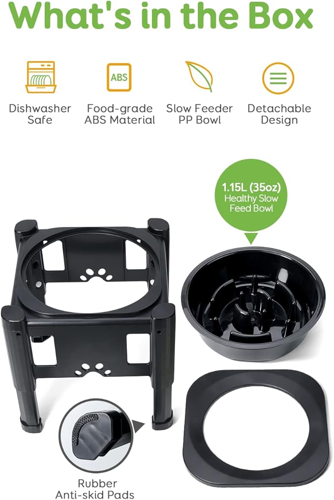 Pawque Elevated Slow Feeder Bowls - Adjustable Raised Dog & Cat Bowl with 3 Heights (6.1", 7.7", 9.3") for Medium & Small Pets, Mess Proof & Non-Slip Dish Feeder