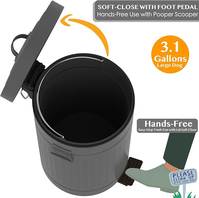PAWZIDEA Dog Poop Trash Can Outside Odor Control, 3.1Gallon Large Pet Poop Can Outdoor with Lid No Smell, Waterproof Pet Waste Trash Can, Dog Waste Station Step Garbage Can Bin Container Backyard,Grey