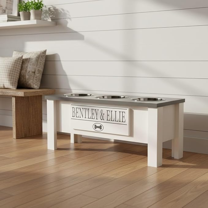 GTW Personalized Elevated Triple Dog Bowl Stand for Large, Medium, Small, X-Small Dogs - 3 Stainless Steel Food and Water Bowls - Raised Dog Dish with Internal Storage (Large, Grey)