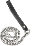 3FT/4FT/5FT Heavy Duty Silver Dog Chain Leash 14MM Stainless Steel Miami Cuban Link Chain with Durable Genuine Leather Handle for Training Walking(14mm,5ft)…