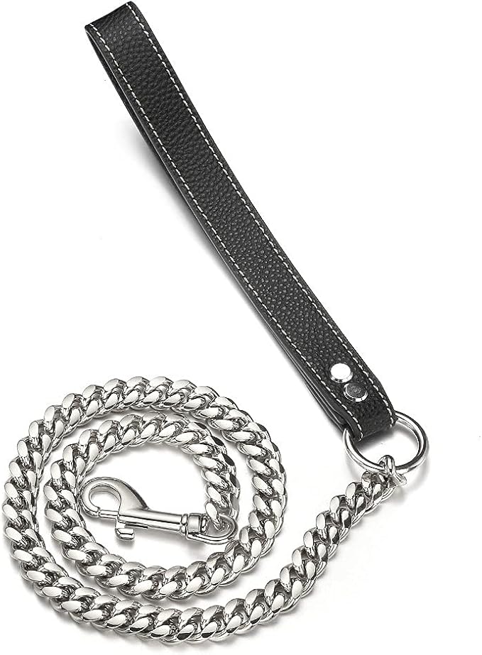 3FT/4FT/5FT Heavy Duty Silver Dog Chain Leash 14MM Stainless Steel Miami Cuban Link Chain with Durable Genuine Leather Handle for Training Walking(14mm,3ft)…