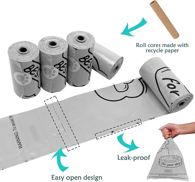 Dog Poop Bags Holder with LED Flashlight|Pet Waste Bags Dispenser for Leash|Doggie Potty Bags Container with Leak-proof Pet Trash Bags and Accessories (Light Gray, 1 Holder 195 Bags)