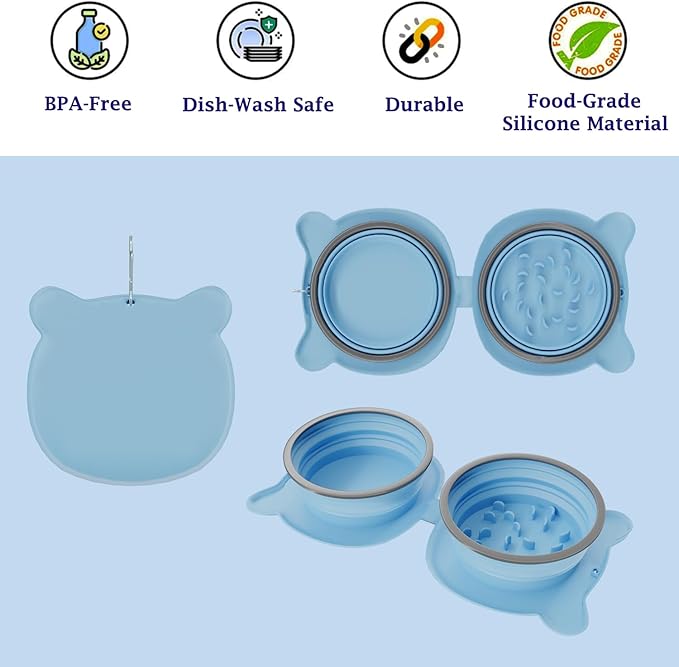 Dog Bowls Pet Collapsible Slow Feeder Outdoor, Dog Travel Bowls Portable Foldable Cat Water Dish Bowl for Pets Walking Parking Camping (Gray(Two Bowl Slow Feeder))