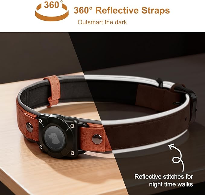 Leather AirTag Dog Collar - IPX8 Waterproof Dog Collar with AirTag Holder|Reflective, High - End, Adjustable Soft Padded |Dog GPS Collar Tracker Fit for Medium Large Dogs (Mahogany Brown, XL)