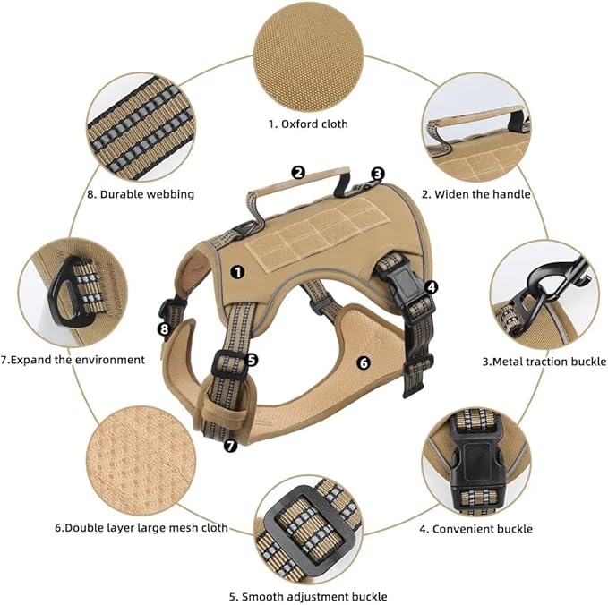 Tactical Dog Harness with Leash for Large Dogs, No Pull Adjustable Dog Harness, Reflective K9 Working Pet Vest for Walking, Training (Khaki, L)
