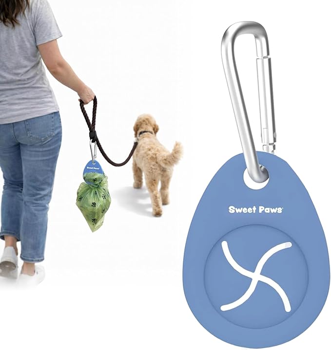 Dog Poop Bag Holder Charm for Hands-Free Carry of Used Poop Bag, Durable Eco-Friendly Silicone Dog Walking Accessory with Carabiner Clip - Azure