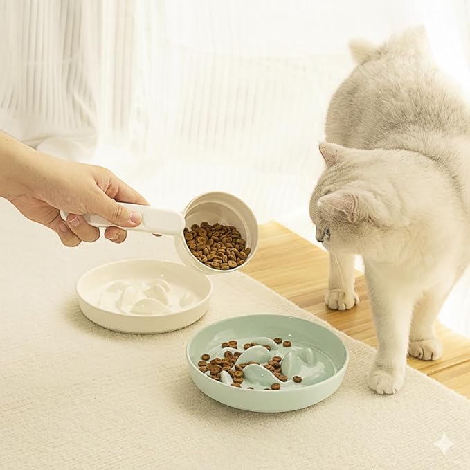 Anti-Bloat Ceramic Slow Feeder Bowl - Fish Pool Design Interactive Puzzle Feeder for Cats & Small Dogs, Food-Safe Porcelain Healthy Eating Dish (White-Ceramic)