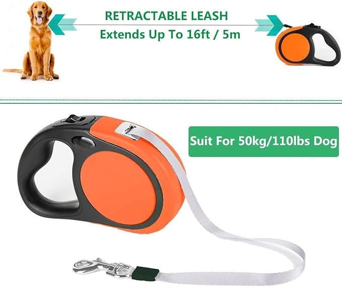 Dual Retractable Dog Leash Small Breed (Up to 110 Lbs Each) - Double Headed 16 ft Extendable Pet Leash with Poop Bags, Reflective Elastic Rope - One Key Control, 360° Tangle-Free (Orange, Large)