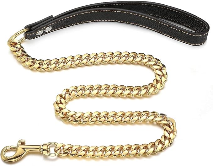 3FT/4FT/5FT Heavy Duty Gold Dog Chain Leash 14MM Stainless Steel Miami Cuban Link Chain with Durable Genuine Leather Handle for Training Walking(14mm,4ft)…