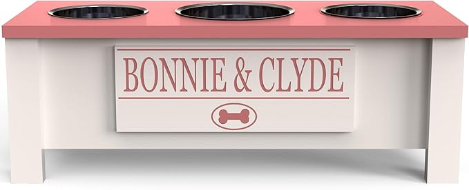 GTW Personalized Elevated Triple Dog Bowl Stand for Large, Medium, Small, X-Small Dogs - 3 Stainless Steel Food and Water Bowls - Raised Dog Dish with Internal Storage (Medium, Pink)