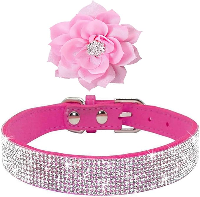 Cute Dazzling Sparkling Elegant Fancy Soft Suede Leather Bling Rhinestone Crystal Jeweled Pet Cat Dog Puppy Collar Dog Leash Combo Set (XS(Neck8-10), Hot Pink-6)