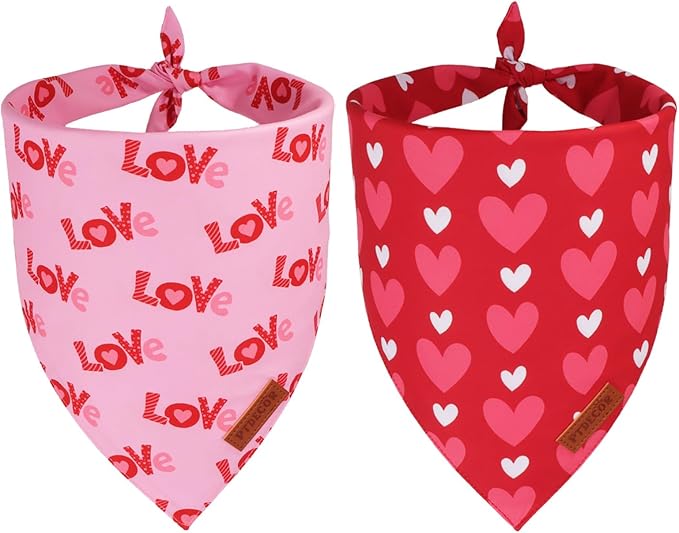 PTDECOR Valentine Dog Bandanas, Reversible Red Pink Valentine Pet Scarf, Premium Durable Fabric, Love and Heart Bandanas for Medium Large Dogs (Large)