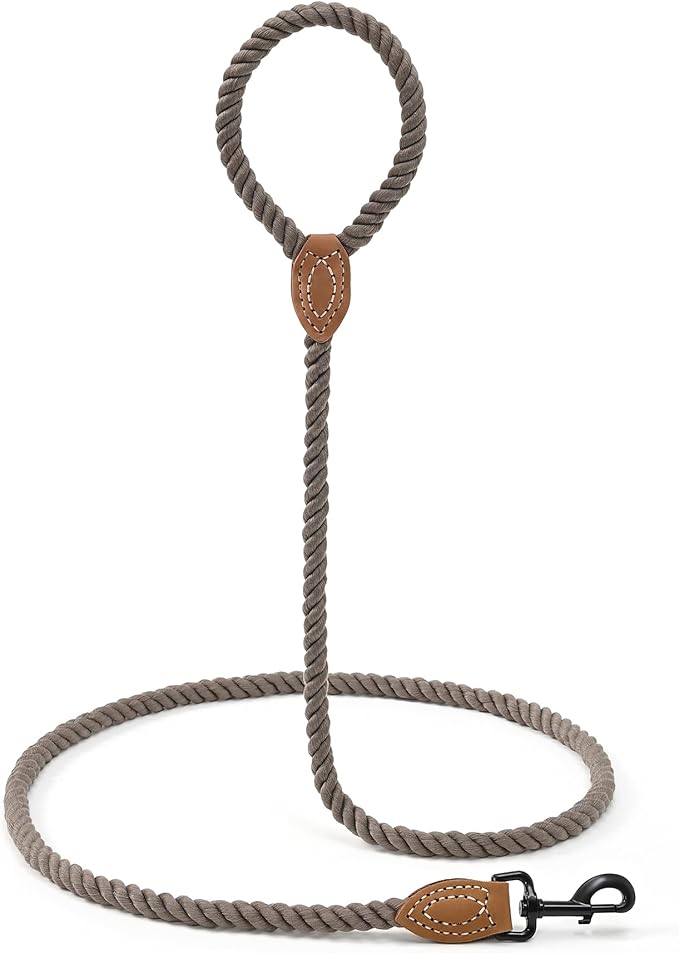 Mile High Life Dog Leash, Braided Cotton Rope Leashes with Leather Tailor Tip with Leather Tip - Heavy Duty Metal Clasp, 5FT, 1/2" Thick - Wedding, Walking Leash for Medium Large Dogs(Camel)