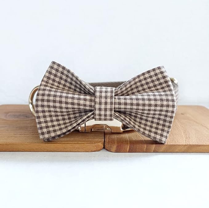 PETDURO Personalized Gingham Plaid Dog Collar Coffee - Engraved Name and Phone Number on Gold Metal Buckle - Custom for Small Medium Large Boy Girl Dogs - Add Leash Bow Tie via Customize Now