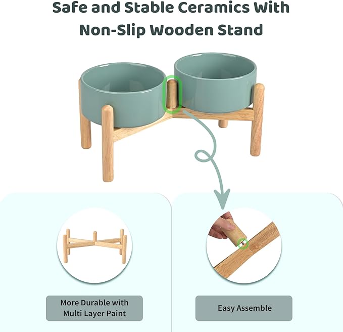 SPUNKYJUNKY Ceramics Elevated Dog Feeding Stand with Wooden Base - Double 60oz Bowls for Medium Large Dogs (Dark Green)