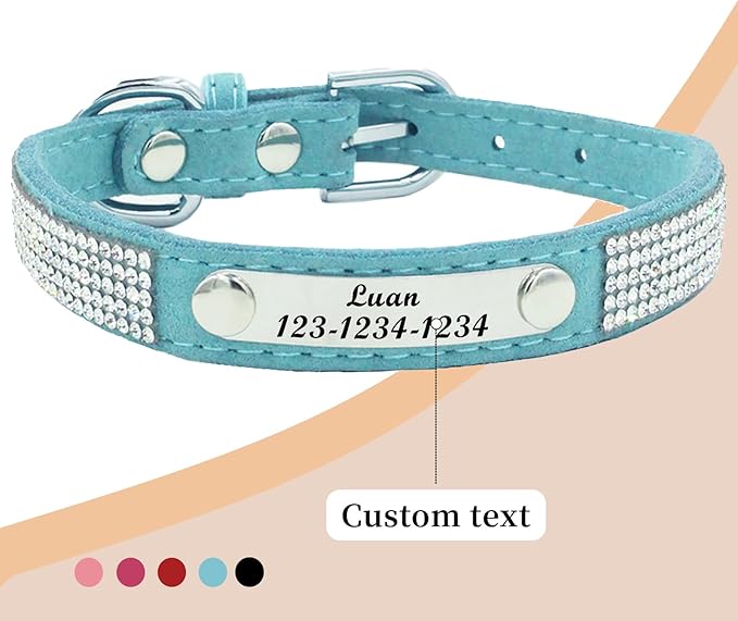 Personalized Dog Collar with Rhinestone Name Tag - Glitter Polyester Collar Adjustable [Sky Blue，L]