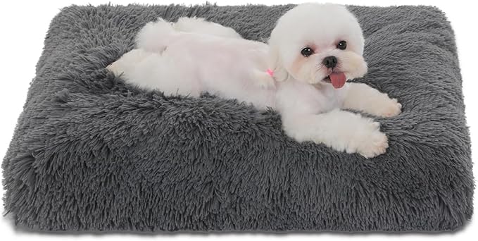 Bedfolks Waterproof Dog Crate Bed, Plush Pad With Removable Cover, Faux Fur for Small Dogs and Cats, Fluffy Washable Kennel Bed 17"x12", Solid Dark Grey