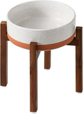 Ceramic 8.2inch Raised Dog Bowl Set, Elevated with Acacia Wood Stand, Food and Water Bowl for Large Breed Dogs, Weighted Pet Dishes(60oz, Vanilla White)