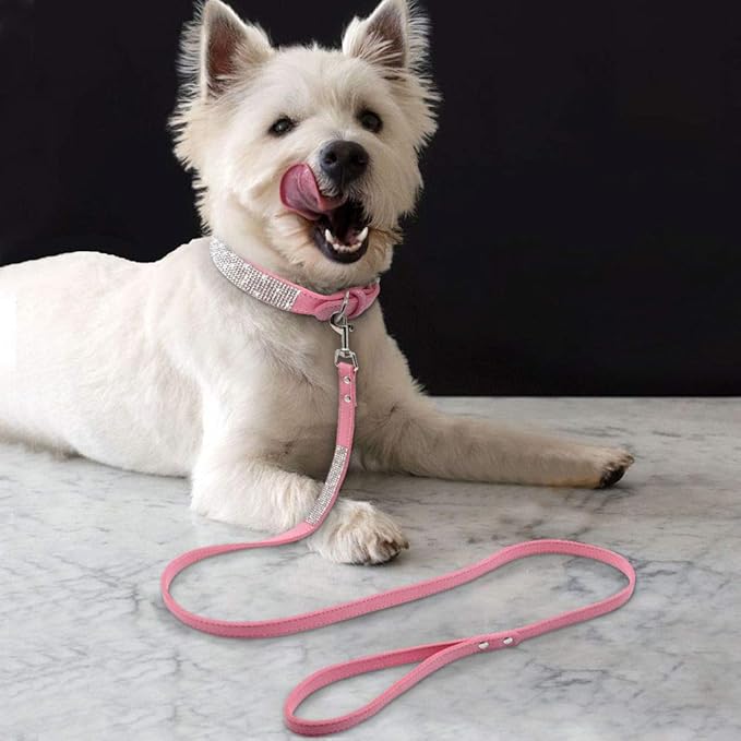 Cute Dazzling Sparkling Elegant Fancy Soft Suede Leather Bling Rhinestone Crystal Jeweled Pet Cat Dog Puppy Collar Dog Leash Combo Set (M(Neck 12.5-15"), Pink-5)