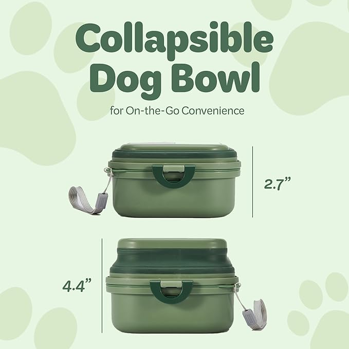 Collapsible Dog Water Bowl 30oz, 2 in 1 Portable Travel Dog Food Bowl with Lid, Easy Carry Loop Handle, Foldable Dog and Cat Food Bowl, Perfect for Traveling, Walking, Hiking (Green)