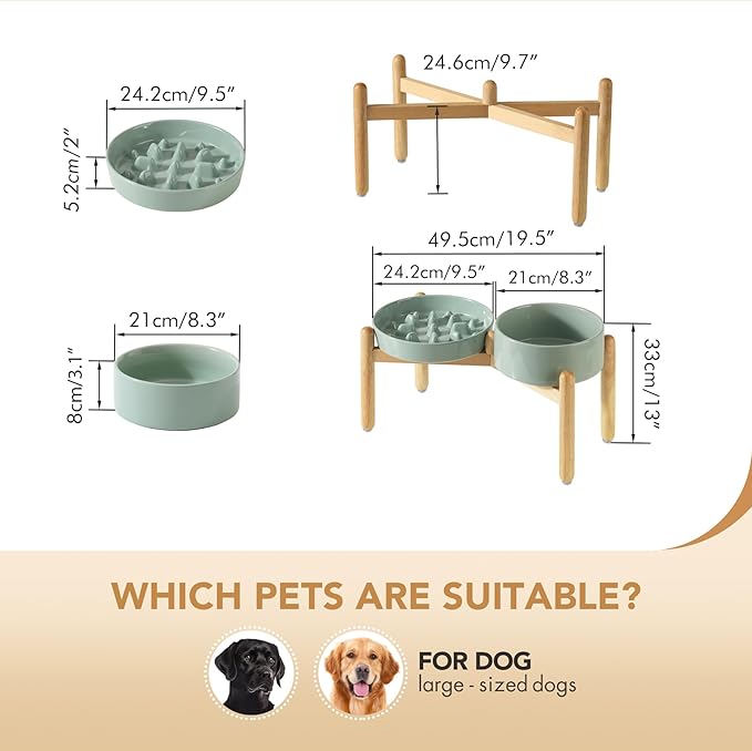 Ceramic 3.2 Cup Raised Slow Feeder Dog Bowl Set, Elevated 8.2inch Bowl and 9.5inch Slow Pet Food Dish with Wooden Stand for Large Dog (2 x Light Green+ Stand)