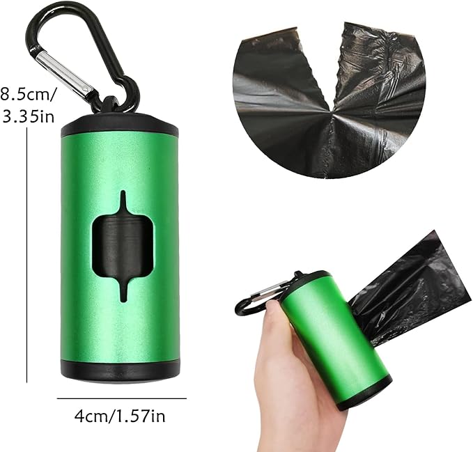 Aluminum Dog Poop Bags Holder with Carabiner Metal Pet Waste Bags Dispenser with Hook and Loop Fastener and Elastic Cord to Carry Used Bags (Emerald Green, 1 Holder 15 Bags)