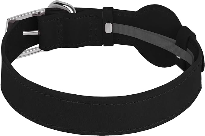 Leather Dog Collar with Airtag Holder - Apple Air Tag Dog Collars - Soft Tracking GPS Pet Collar for Small Medium Large Dogs Breed Puppy (Black, S, 9"-12" Neck Fit)