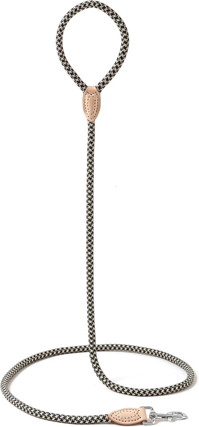 Mile High Life Rope Leash with Genuine Leather Connection, 6 FT/5 FT/4 FT, Heavy Duty Leash for Small Medium & Large Dogs(Black Khaki,60 Inch)