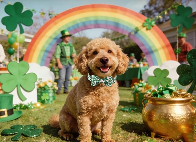 Lionet Paws St. Patrick Dog Collars with Bow tie,Cute Pink Clover Green Dog Collar Bow Tie for X-Large Dogs Female, Neck 16-26 inches