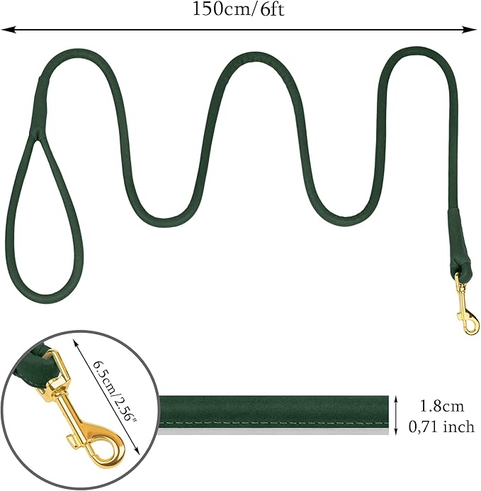 OOPSDOGGY Reflective Rolled Leather Dog Leash 6ft - Soft Training Lead for Small Medium Large Dogs Puppy - Heavy Duty Rope Puppies Leashes for Outdoor Walking Running (Green, Medium/Large)