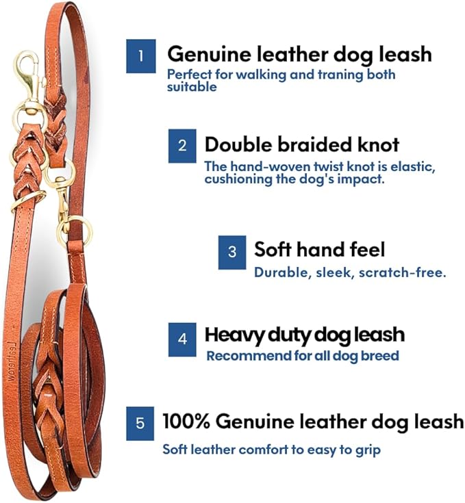8 FT Multi-Function Leather Dog Leash, Genuine Leather Hands-Free Training Lead for Small Medium Large Dogs, Adjustable Long Leash for Walking, Hiking, Obedience Control (Tan, 8 Ft)