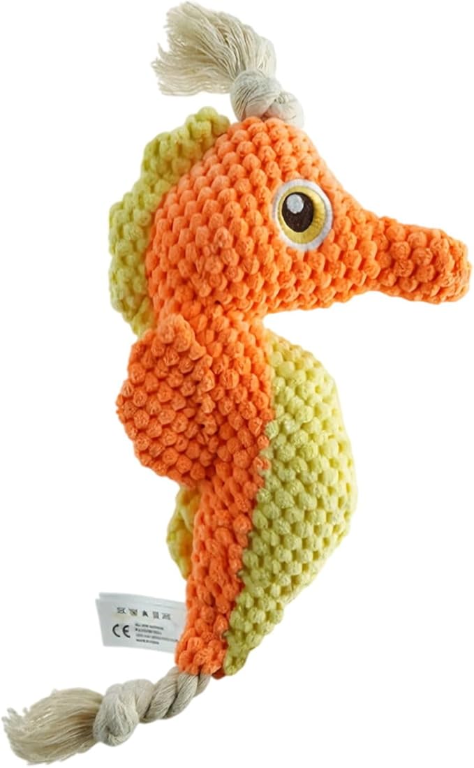 Cute Marine Animal Dog Squeaker Chew Toys, Interactive Stuffed Cotton Plush Rope Knot Toys with Crinkle Paper- for Puppy, Small, Middle Dogs (Orange Seahorse)