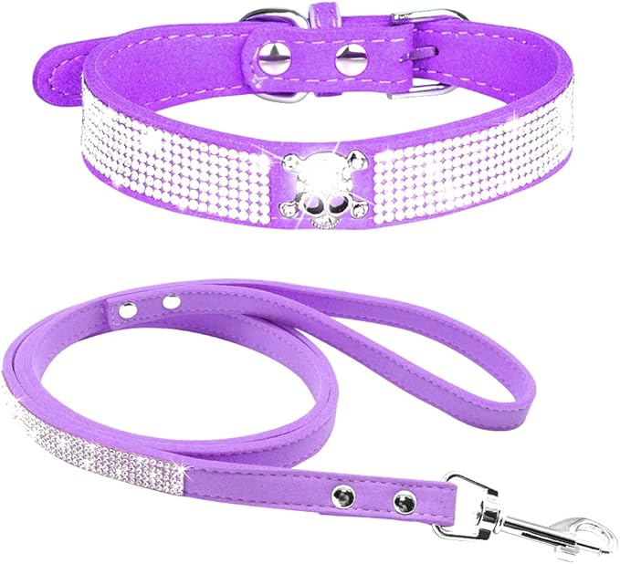 Cute Dazzling Sparkling Elegant Fancy Soft Suede Leather Bling Rhinestone Crystal Jeweled Pet Cat Dog Puppy Collar Dog Leash Combo Set (L(Neck 15-18"), Purple-5)