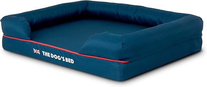 The Dog’s Bed Orthopedic Memory Foam Dog Bed with Bolsters, Oxford Fabric, Blue with Dark Red Trim, Medium