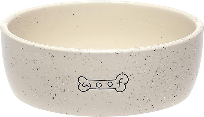 Pearhead Ceramic Pet Bowl 3-Cup Capacity Durable Speckled Dish with Woof Graphic Food Water Feeder for Small Medium Dogs