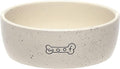 Pearhead Ceramic Pet Bowl 3-Cup Capacity Durable Speckled Dish with Woof Graphic Food Water Feeder for Small Medium Dogs