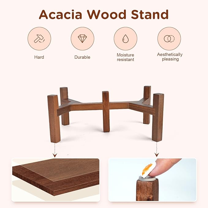 SPUNKYJUNKY Ceramic Dog Bowl Set with Acacia Wood Stand Raised for Small Medium Sized Dog (Shallow, 15.5cm)