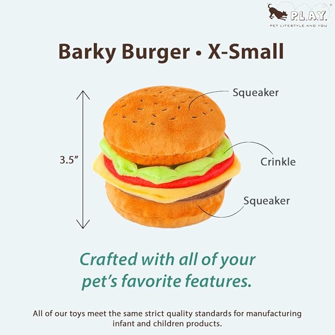 P.L.A.Y. Cute Plush Dog Toys - Fast Food Themed Durable Squeaker Chew Toy, Great for Puppies & Small, Medium Dogs - Machine Washable, Recycled Materials (American Classic Burger, X-Small)
