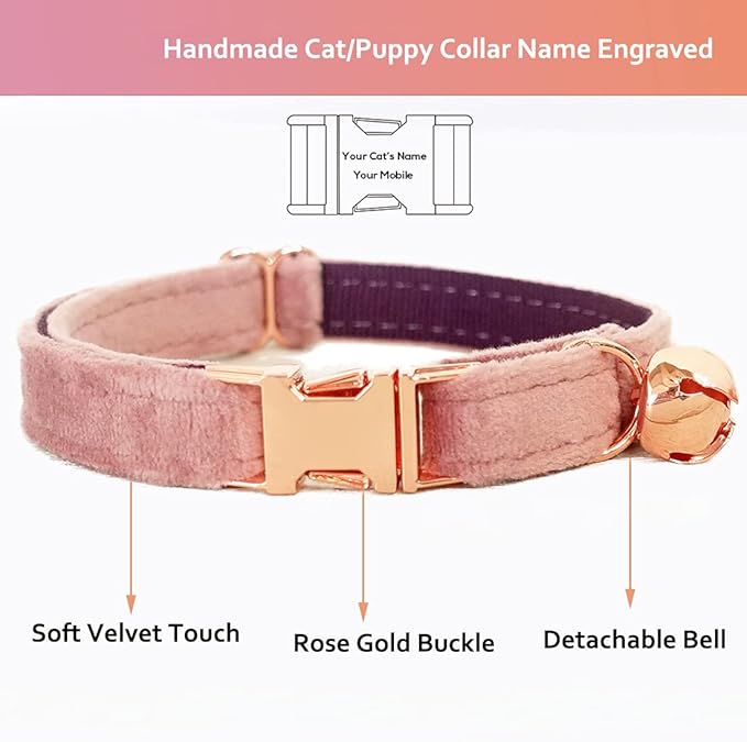 Cat Collar Personalized with Name Engraved and Bell, Customized Velvet Collars for Puppy Kittens (Pink, S)