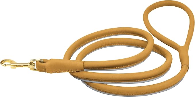 OOPSDOGGY Reflective Rolled Leather Dog Leash 6ft - Soft Training Lead for Small Medium Large Dogs Puppy - Heavy Duty Rope Puppies Leashes for Outdoor Walking Running (Camel, Small)