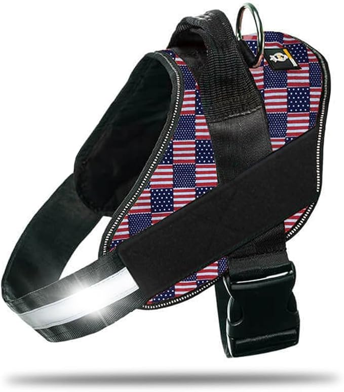 Non Pull Dog Harness with Patch Panels and Handle, Adjustable, Reflective, No Choke, Heavy Duty Easy On Service Dog Vest Harnesses for Medium Large Small Sized Dogs - US Flag, 2XL