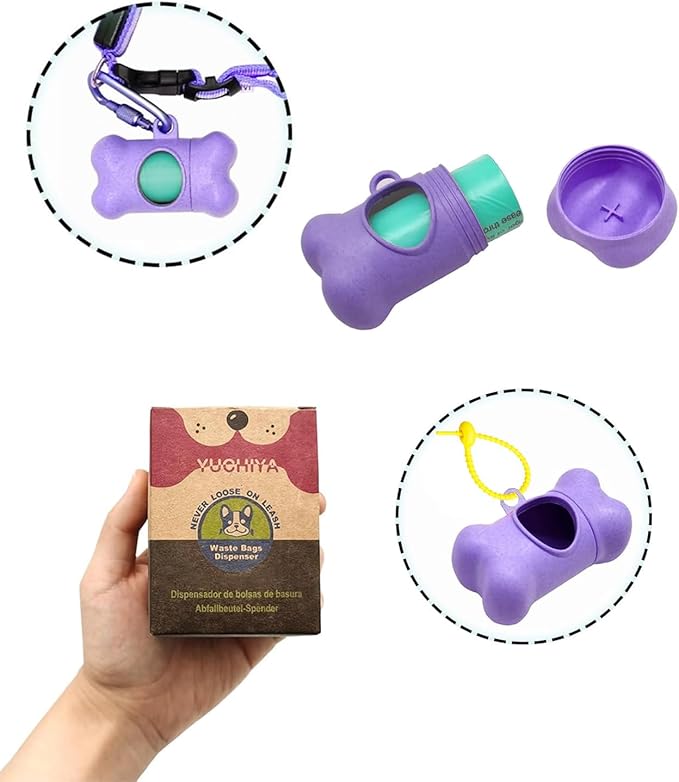 Dog Poop Pickup Bags Holder Dispenser with Standard-Sized Leak-Proof Scented Doggy Waste Bags and Carabiner Hook and Loop Fastener Never Loose on Leash Lead Again (1 Holder 15 Bags, Purple)