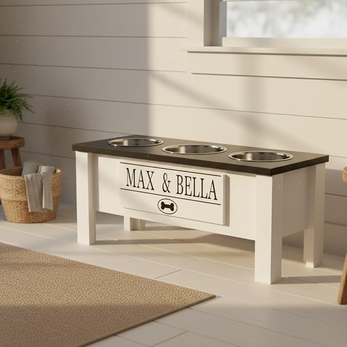 GTW Personalized Elevated Triple Dog Bowl Stand for Large, Medium, Small, X-Small Dogs - 3 Stainless Steel Food and Water Bowls - Raised Dog Dish with Internal Storage (Large, Black)