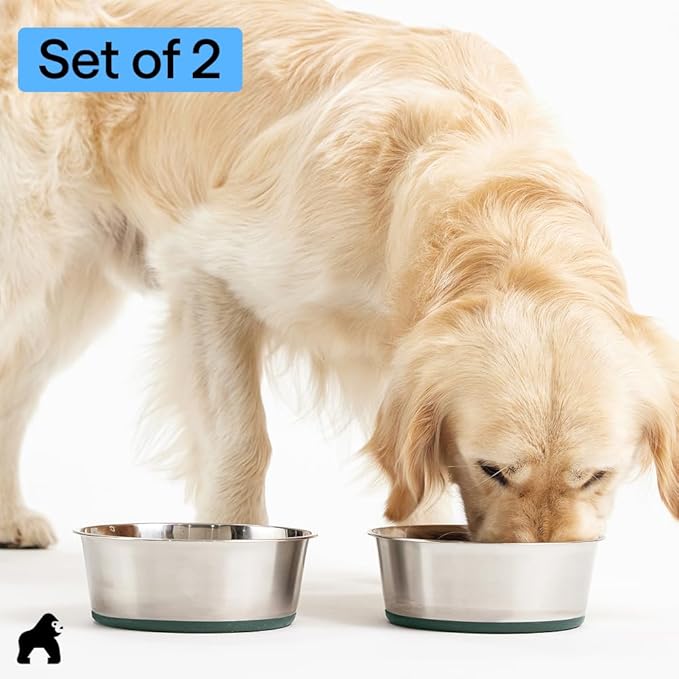 GORILLA GRIP Dog Bowls, Heavy Duty 304 Stainless Steel, Holds 8 Cups Each (64 fl oz) Food and Water Bowl for Feeding Dogs and Cats, Dishwasher Safe, Rust Resistant, BPA Free Rubber Base Set of 2 Green